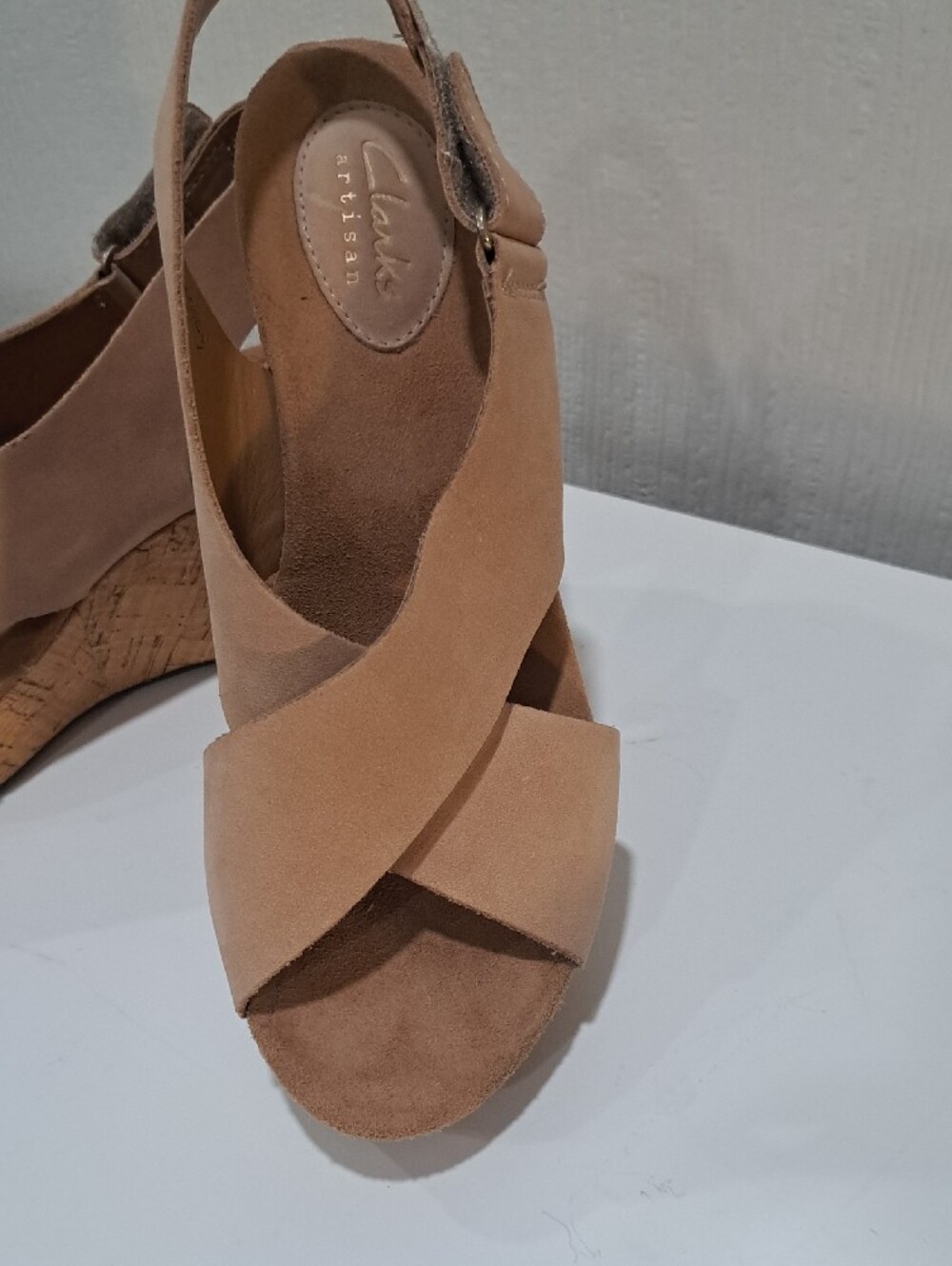 Clarks Ladies Tan Cork Wedge Sandals - Slingback Suede Comfort Heels - Picture 2 of 6